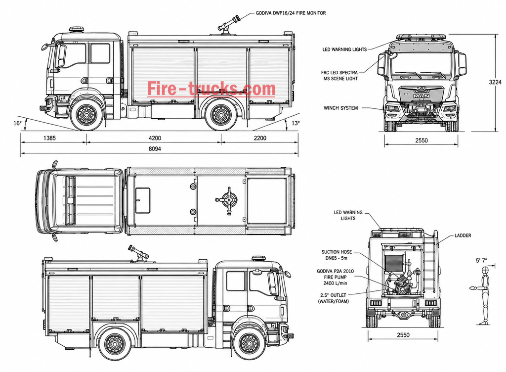 MAN Rescue Fire Pumper Truck 4x4 4400L Water Foam Capacity with High Pressure Godiva Pump CAD Drawing 