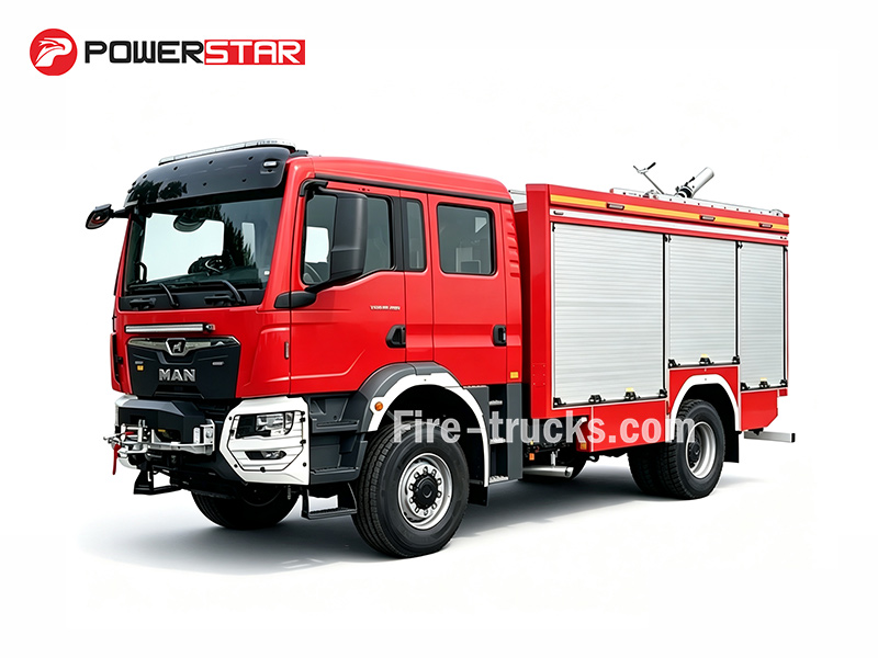 MAN Rescue Fire Pumper Truck 4x4 4400L Water Foam Capacity with 5.4m LED Mast and Winch for Philippines Night Rescue