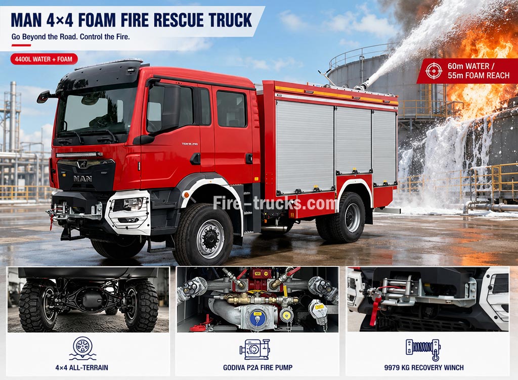 MAN Rescue Fire Pumper Truck 4x4 4400L Water Foam Tank 290HP Euro 5 for Albania Chemical Spill Fire and Rescue Operations