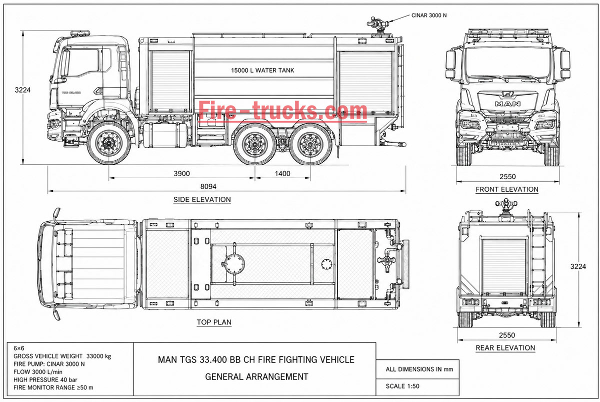MAN TGS 33.400 6x6 Water Fire Truck CAD Drawing 