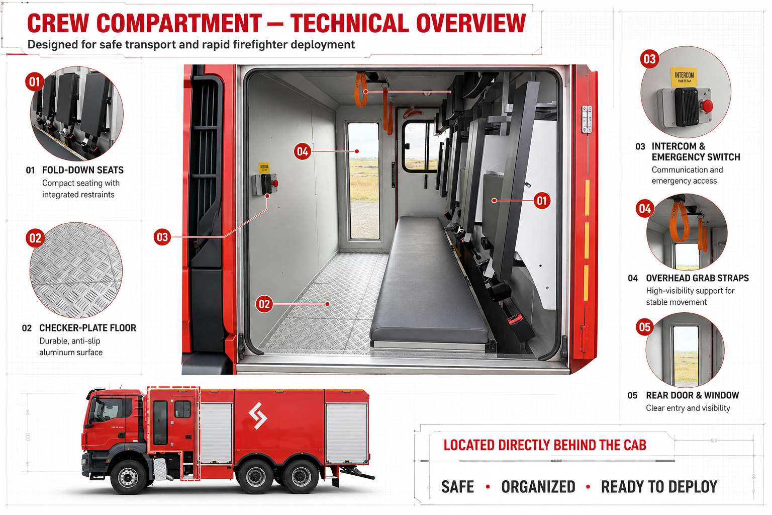Fire Truck Double Cabin Crew Area with Ergonomic Design for Fire and Rescue Teams